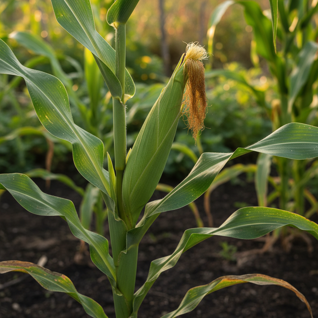 A single mature Bantam corn ear attached to its stalk among natural green leaves