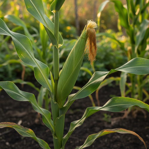 A single mature Bantam corn ear attached to its stalk among natural green leaves