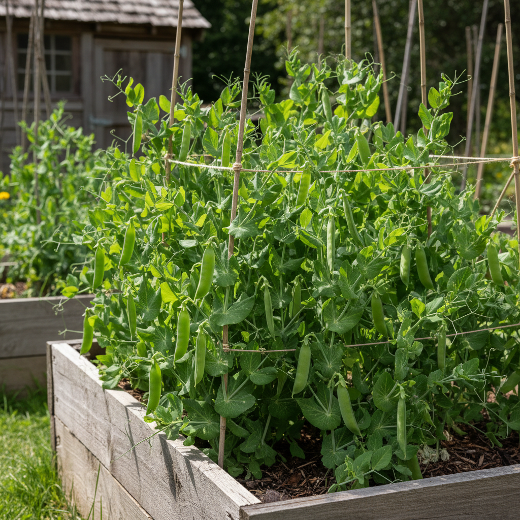 Alaska pea plants growing in raised garden bed
