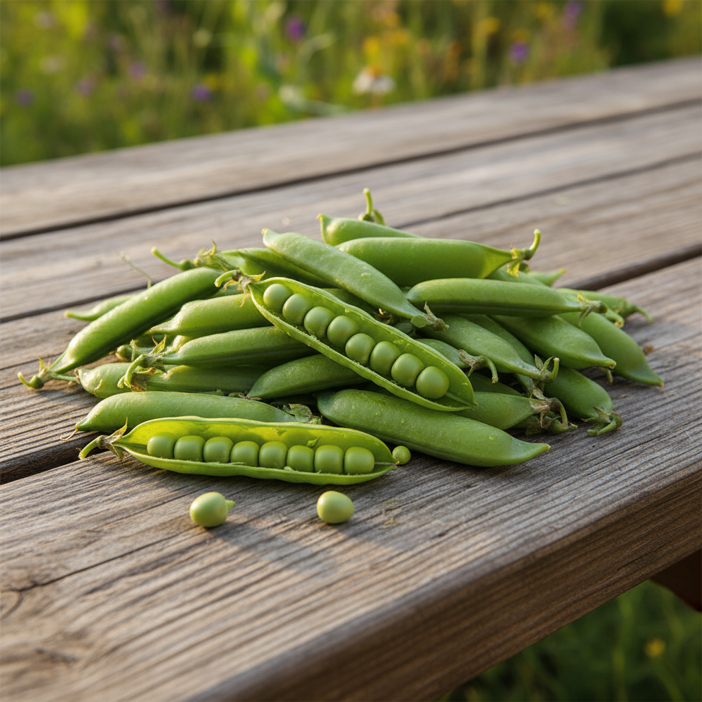 Alaska pea pods harvested on outdoor table