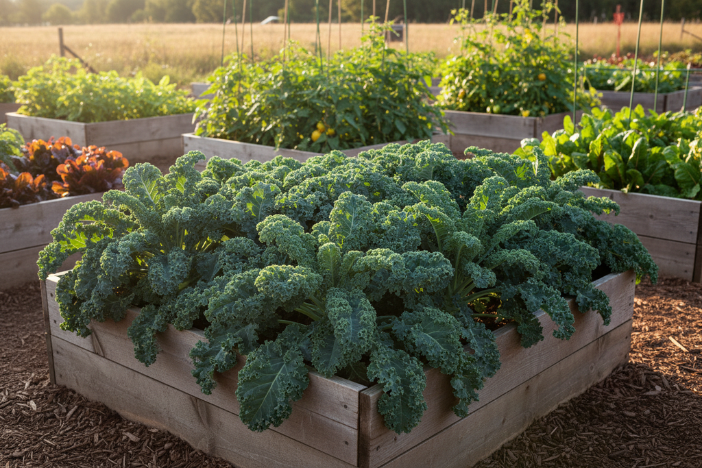 Blue Vates Kale with Raised Beds in Background