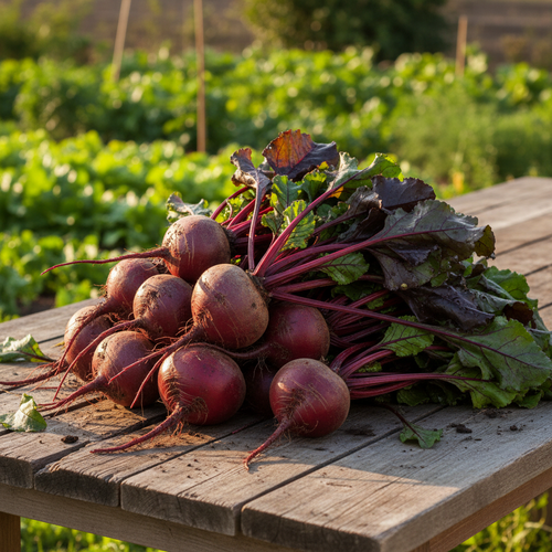 Bull's Blood beets harvested on outdoor table