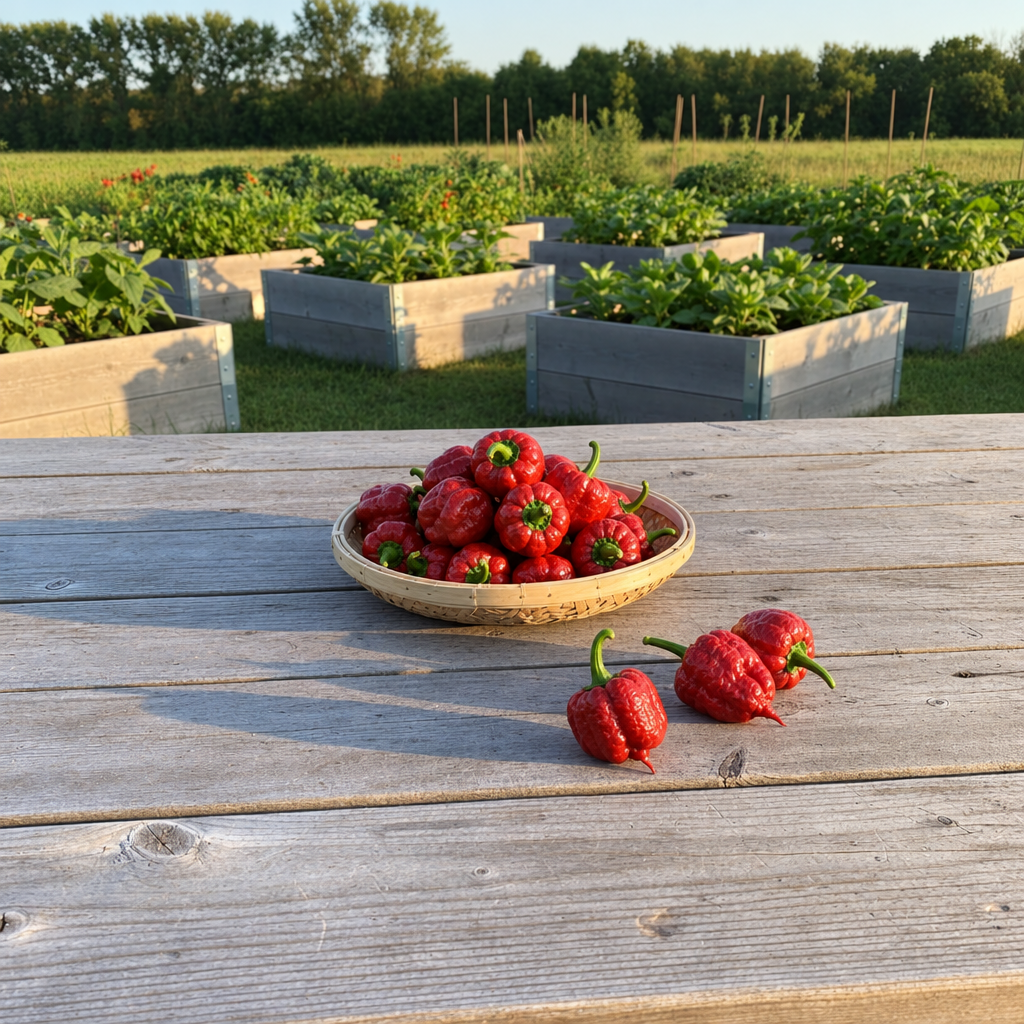 Carolina Reaper harvest image with stems preserved