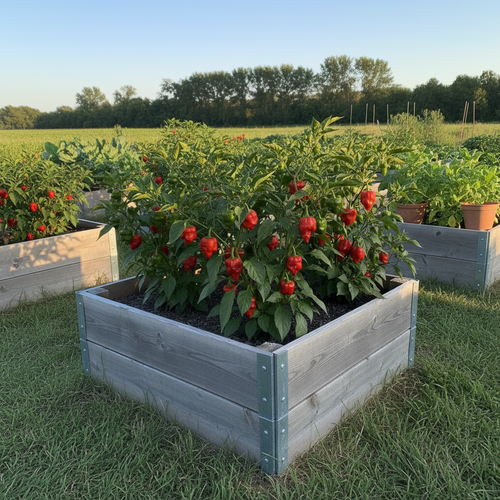 Carolina Reaper plants in a matching raised bed among more beds