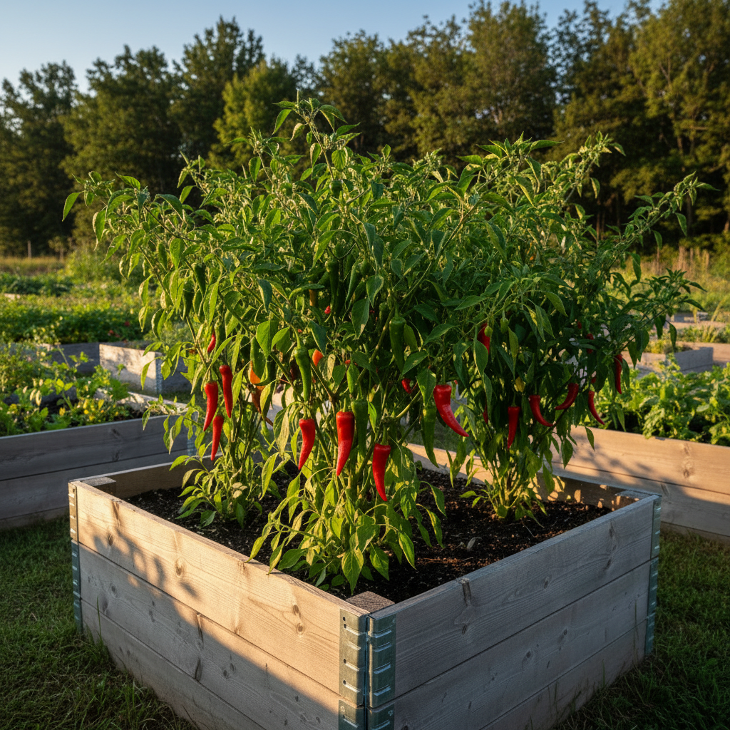 Cayenne plants in a raised bed with a closer treeline and more beds behind