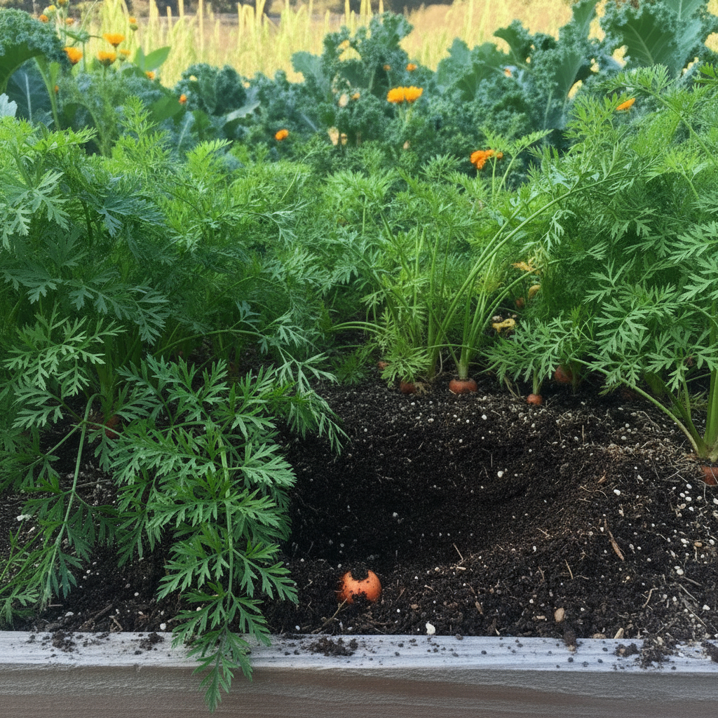 Chantenay Red Core carrots growing in raised garden bed with green tops