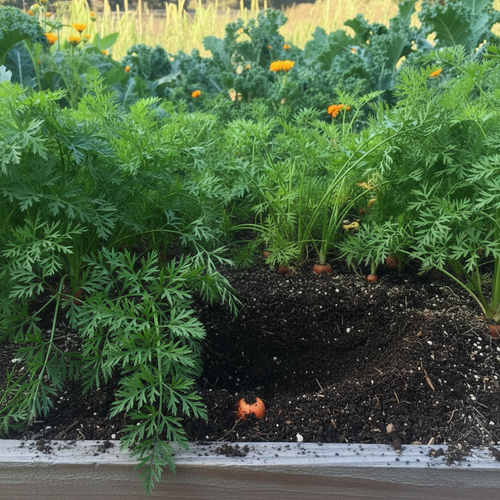 Chantenay Red Core carrots growing in raised garden bed with green tops