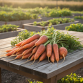 Chantenay Red Core carrots harvested on rustic outdoor table