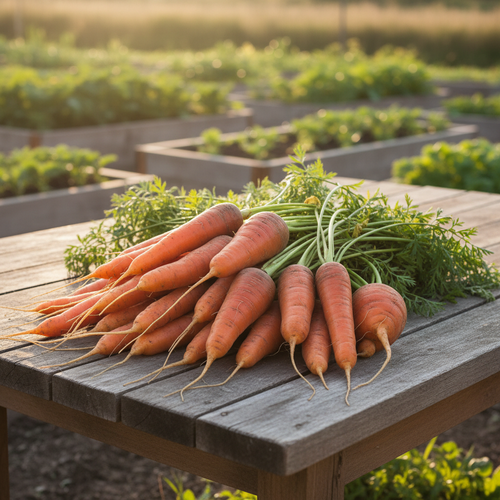 Chantenay Red Core carrots harvested on rustic outdoor table