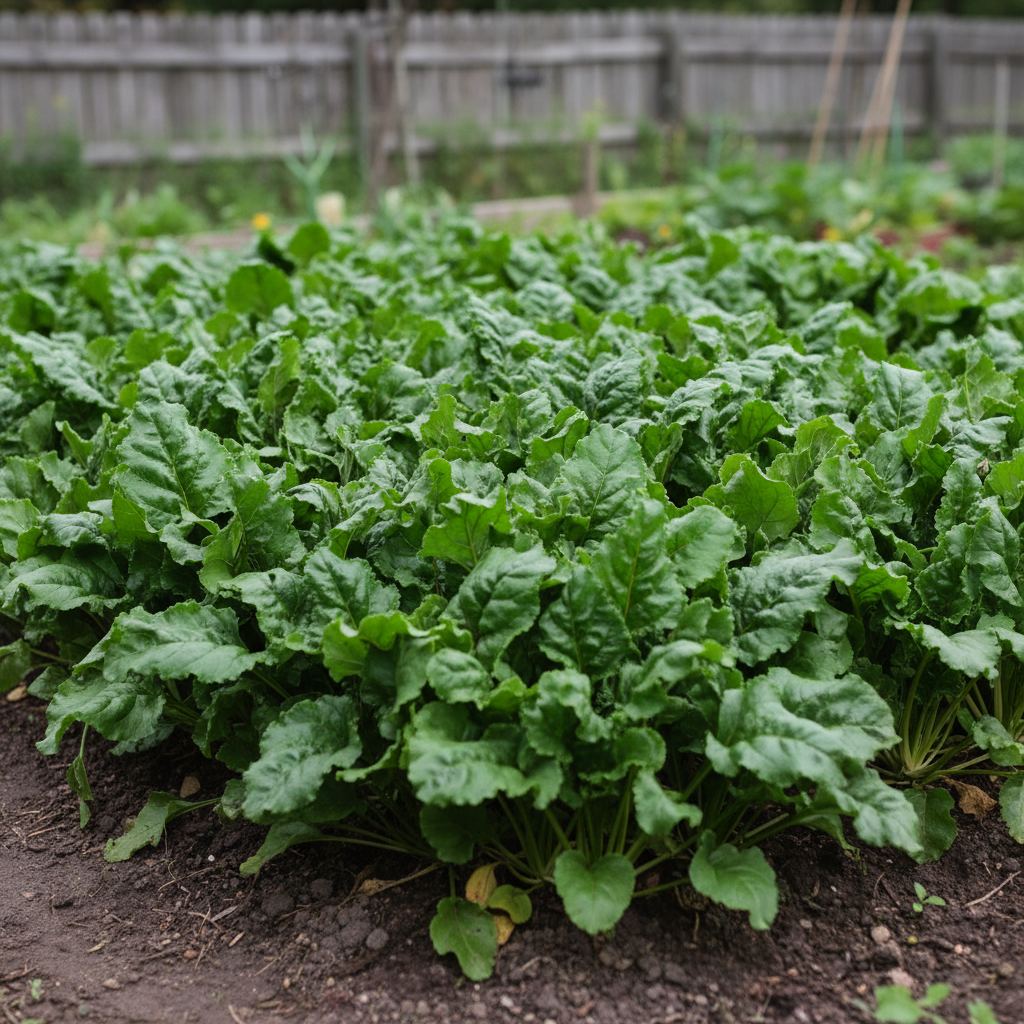 Chioggia beet tops growing in garden bed