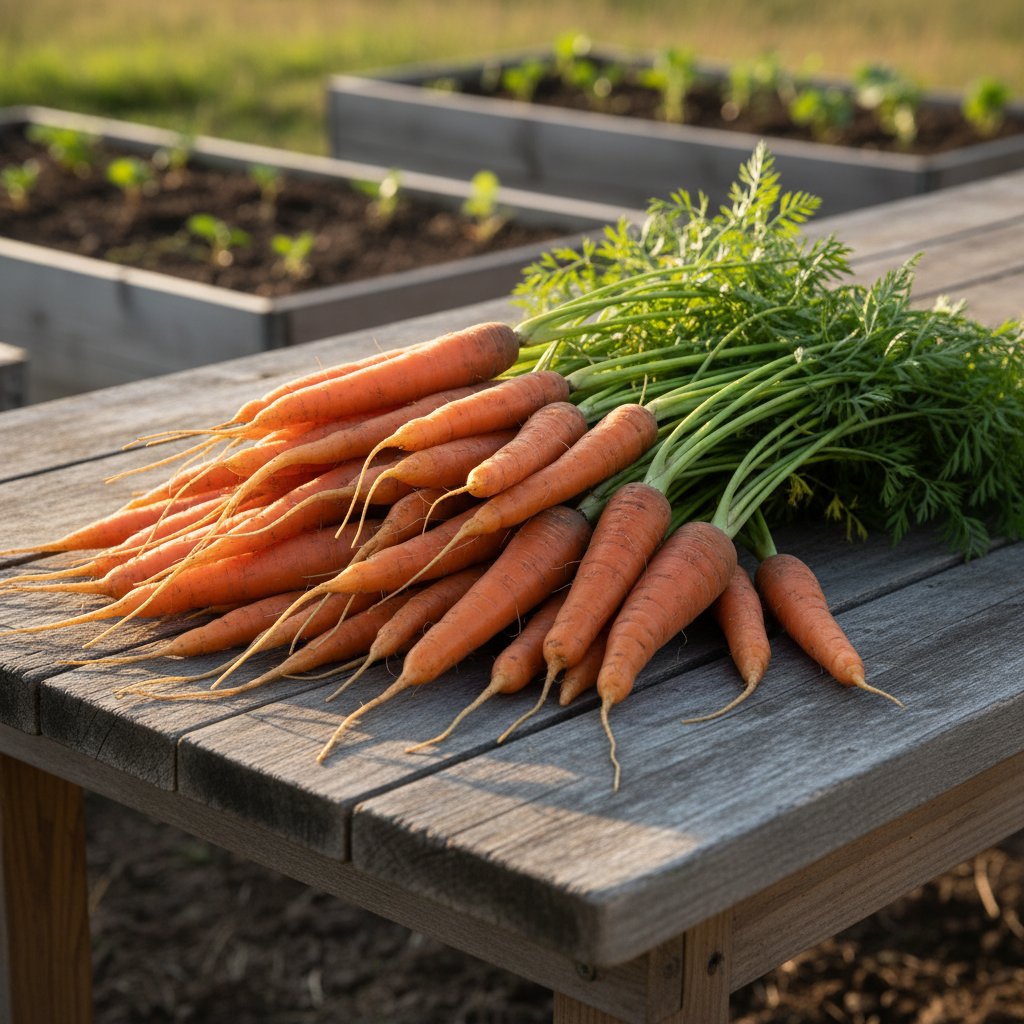 Danvers 126 carrots on rustic outdoor table with raised bed backdrop