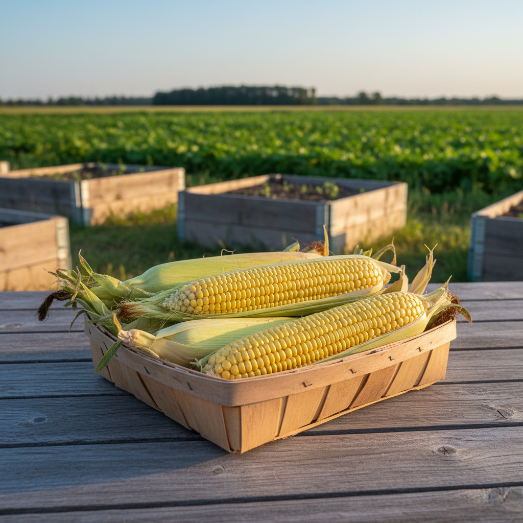 Harvested Bantam corn ears in a shallow basket on a rustic farm table