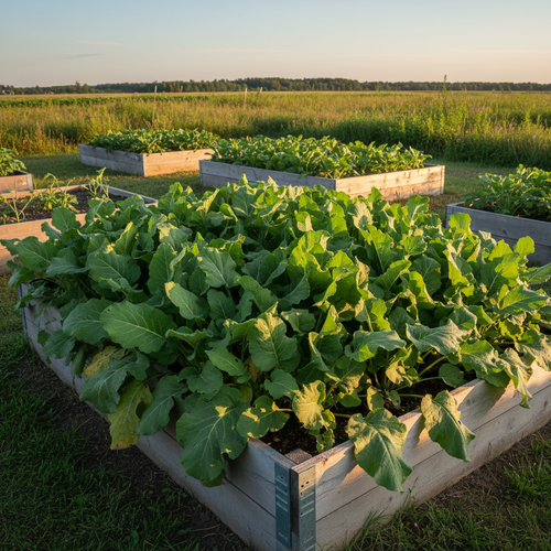 American Purple Top rutabaga foliage growing densely in a raised bed with roots hidden beneath the soil