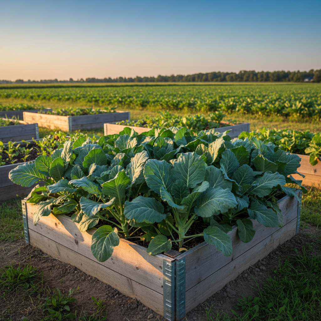 Champion collards growing in a raised bed on a small family farm