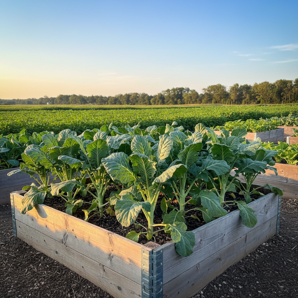Morris Heading collards growing in a raised bed on a small family farm