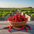 Extra-long thin Cayenne peppers in a wicker basket with green growing fields behind them