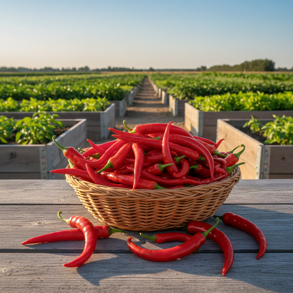 Extra-long thin Cayenne peppers in a wicker basket with green growing fields behind them