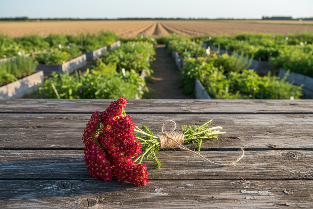 Red yarrow bundle tied with twine on rustic wooden table