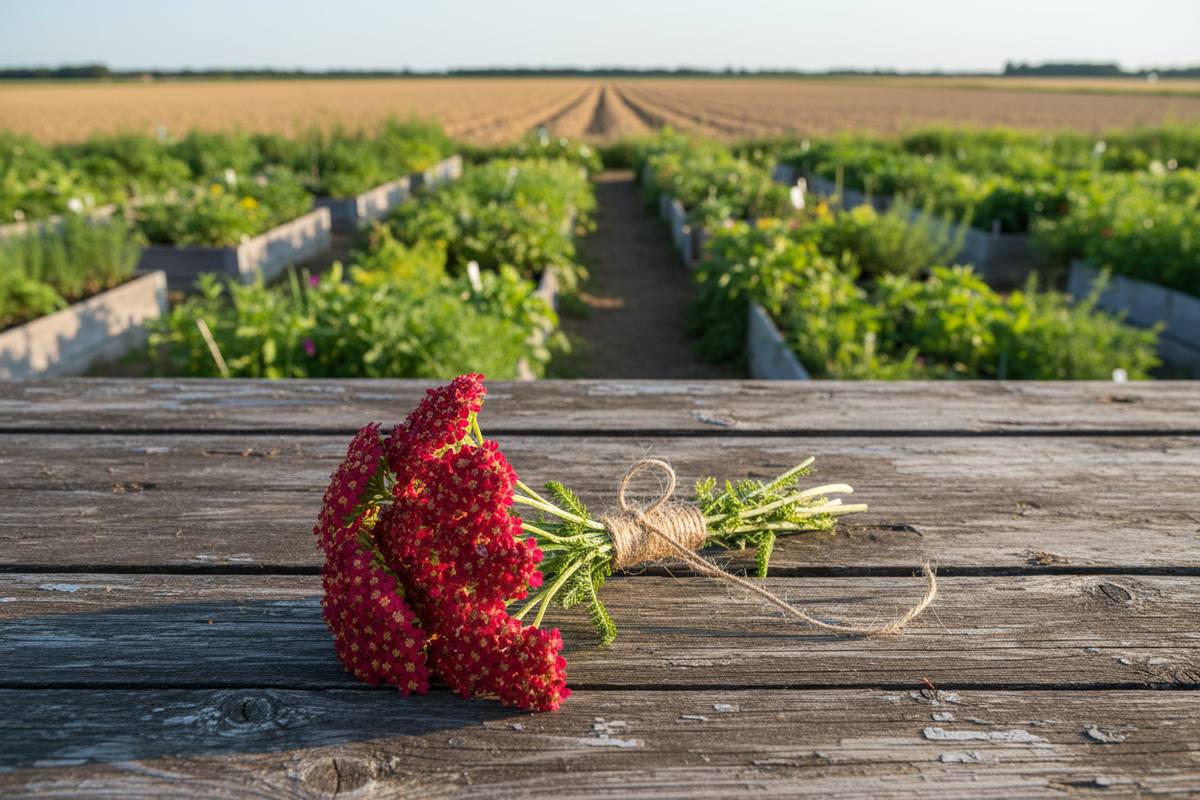 Red yarrow bundle tied with twine on rustic wooden table