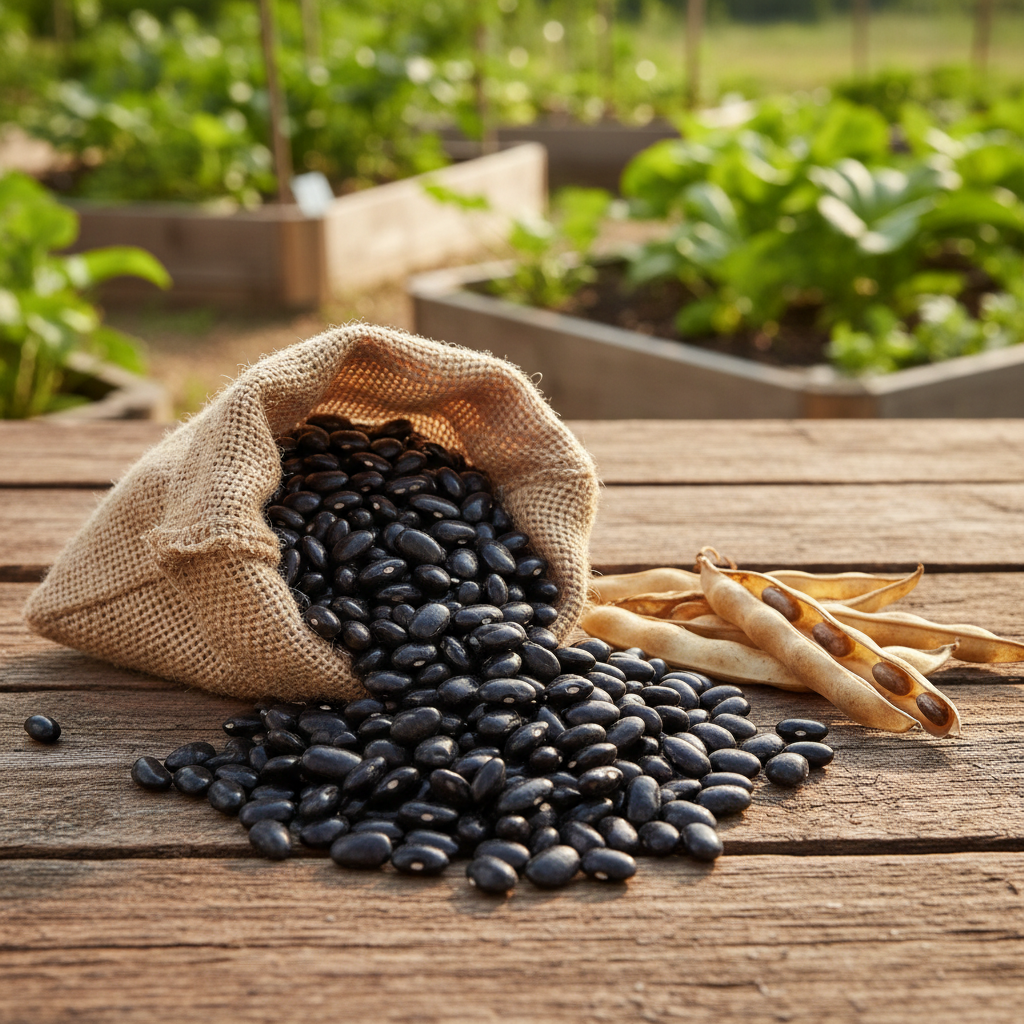 Black Turtle Beans spilling from burlap sack on rustic wooden table with garden background