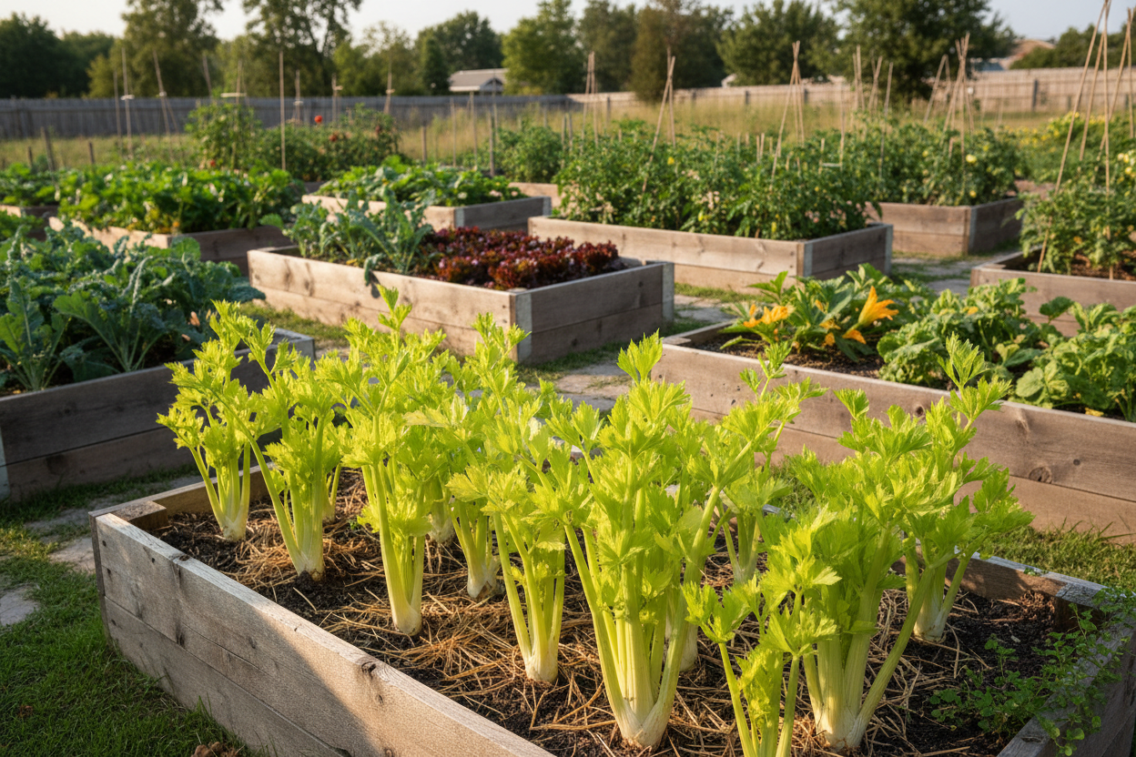 Golden Self Blanching Celery growing in a raised garden bed