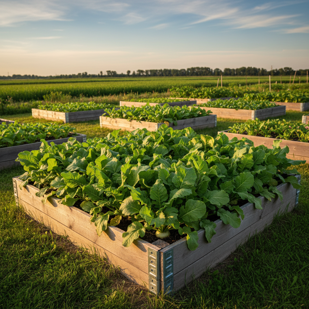 White Egg turnip foliage growing in a raised bed with the roots fully beneath the soil