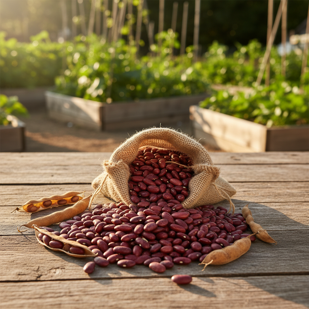 Dark Red Kidney Beans spilling from burlap sack on rustic wooden table with garden background