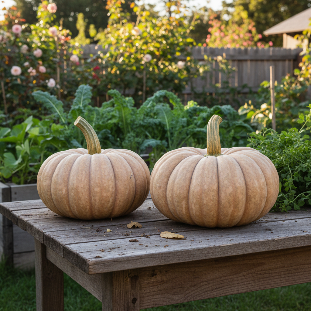 Fairytale pumpkins on rustic wooden table with garden background
