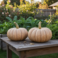 Fairytale pumpkins on rustic wooden table with garden background
