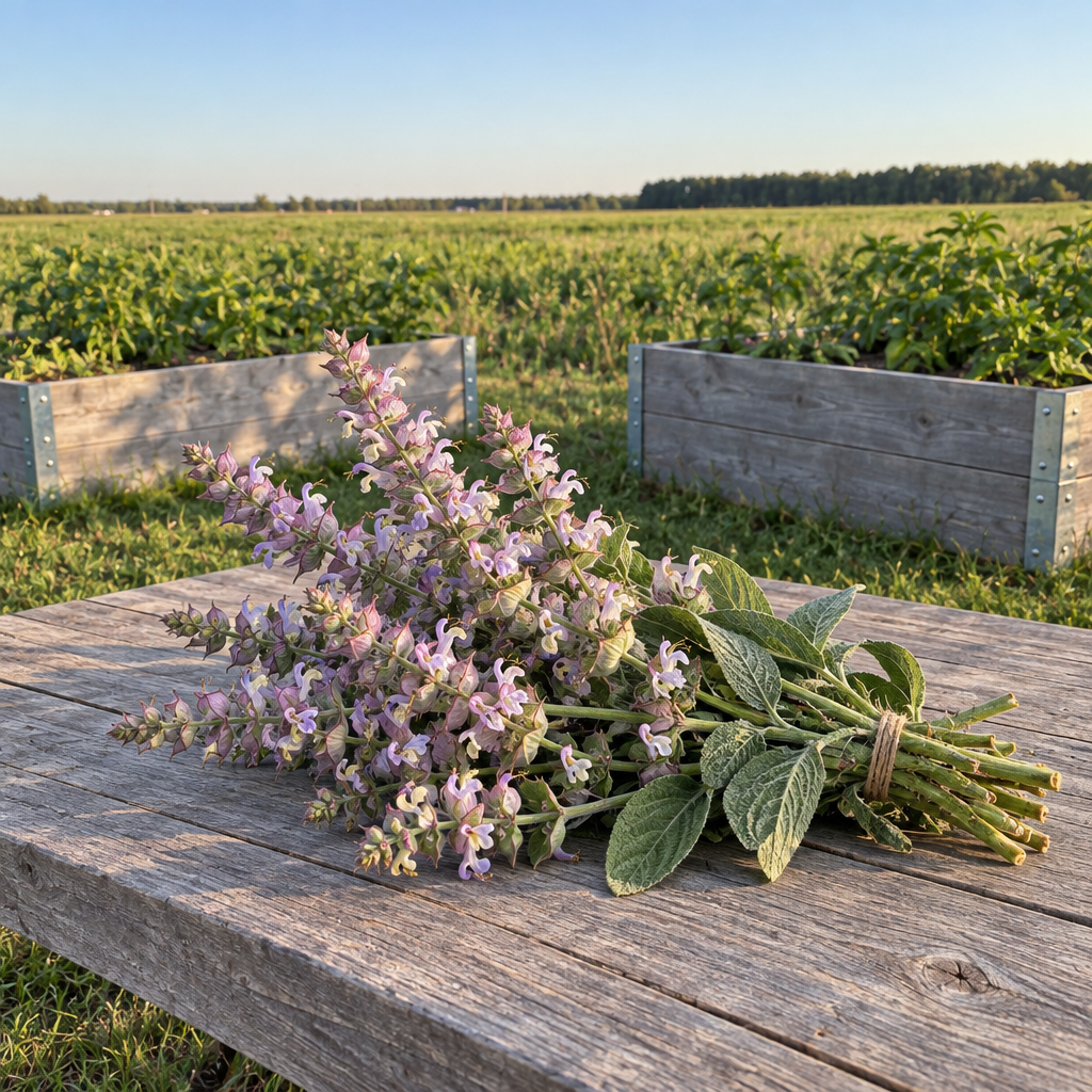 Clary Sage flowering stems bundled on a weathered table with green field and distant treeline