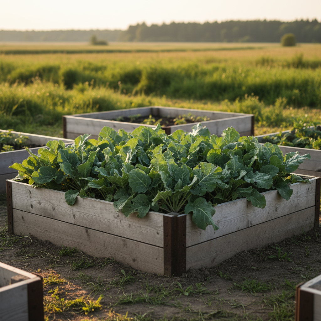 Laurentian Rutabaga leafy canopy growing in an angled raised bed with all roots underground, indistinct vegetation, and a distant treeline.