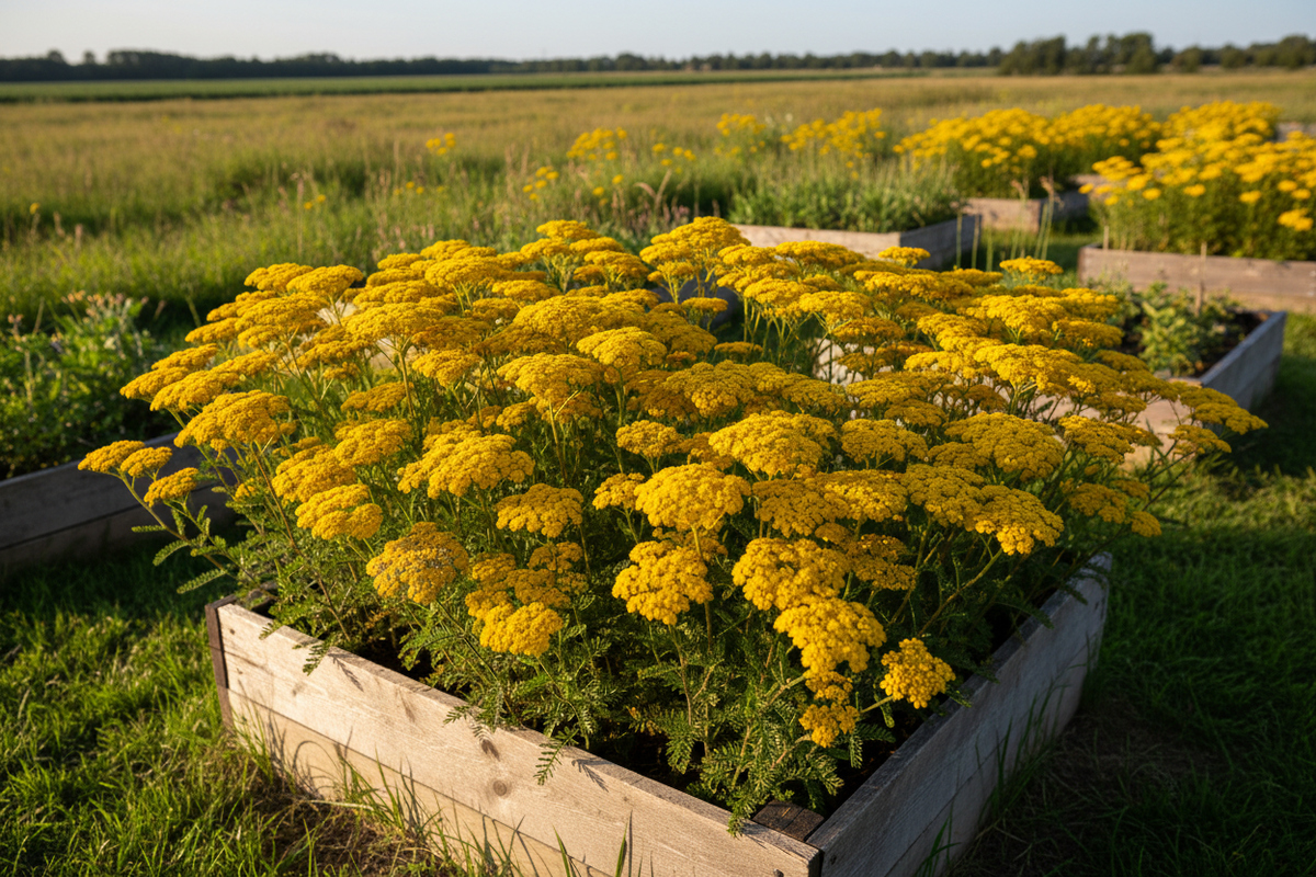Gold yarrow growing in raised bed garden with open field background