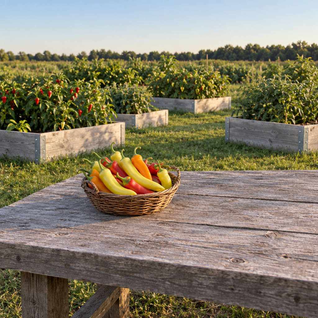 Harvested pale-yellow, orange, and red Sweet Banana peppers in a basket on a weathered garden table