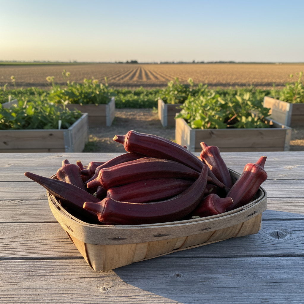 Fresh Red Burgundy okra pods in a rustic basket