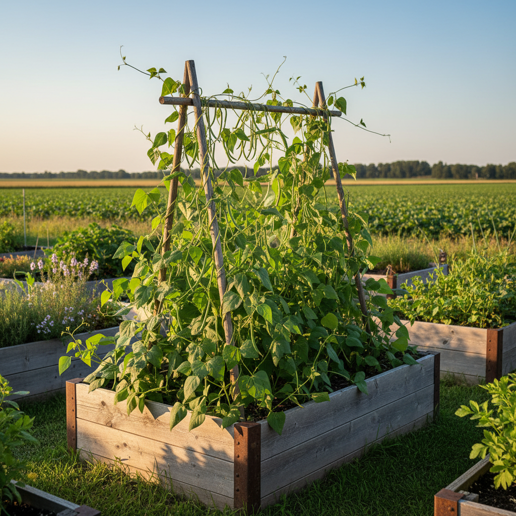 Kentucky Blue pole bean vines climbing a garden trellis