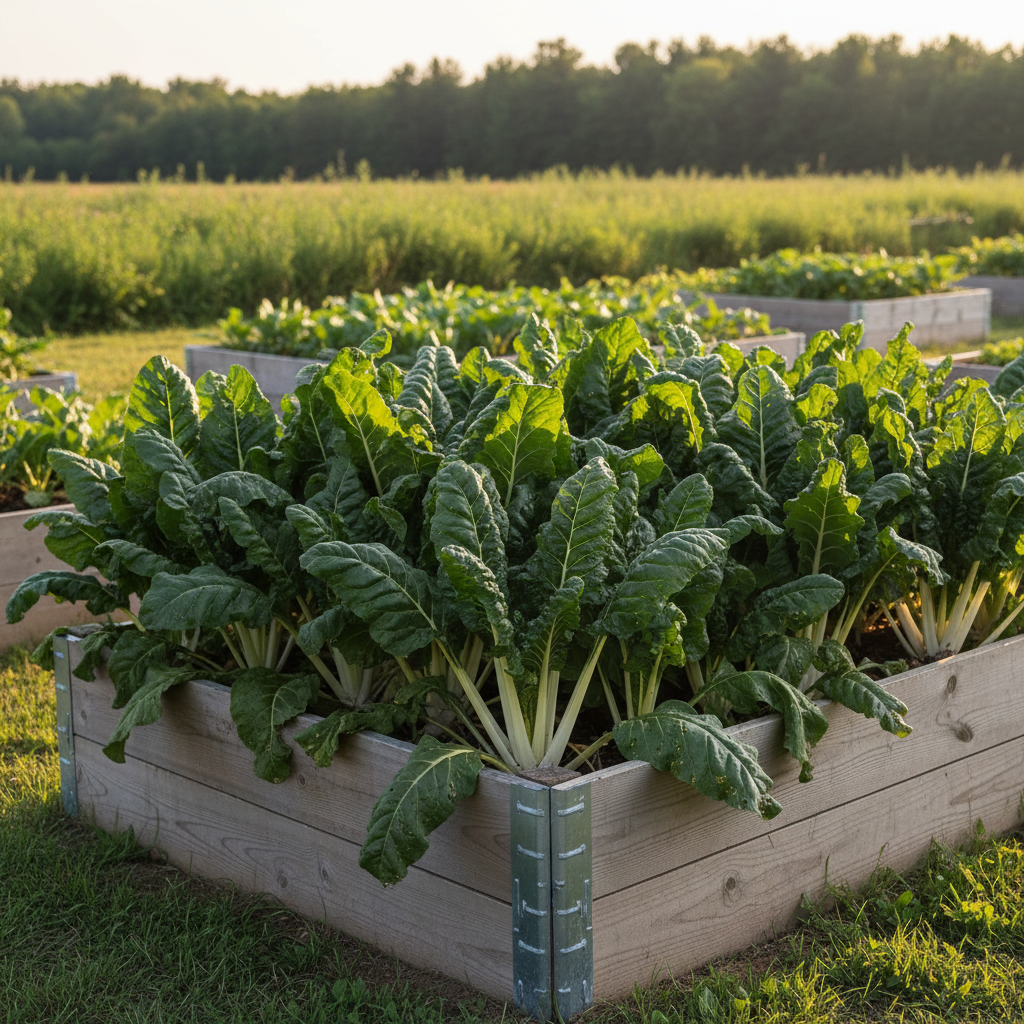 Fordhook Giant Swiss Chard with large deeply crinkled dark green leaves and thick pale stems growing in an angled raised bed with indistinct vegetation and a distant treeline.