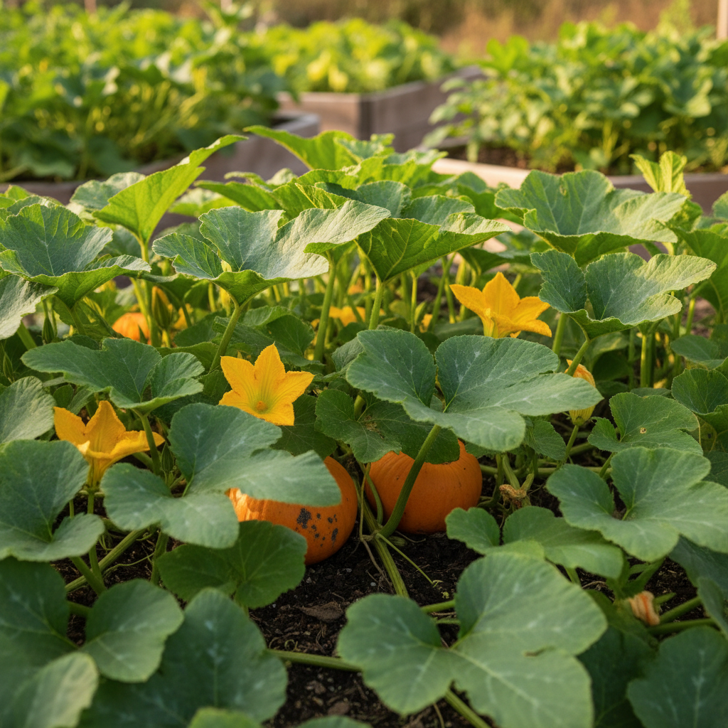 Spookie Pumpkins growing in a raised bed beneath overlapping leaves and blossoms with no visible stems