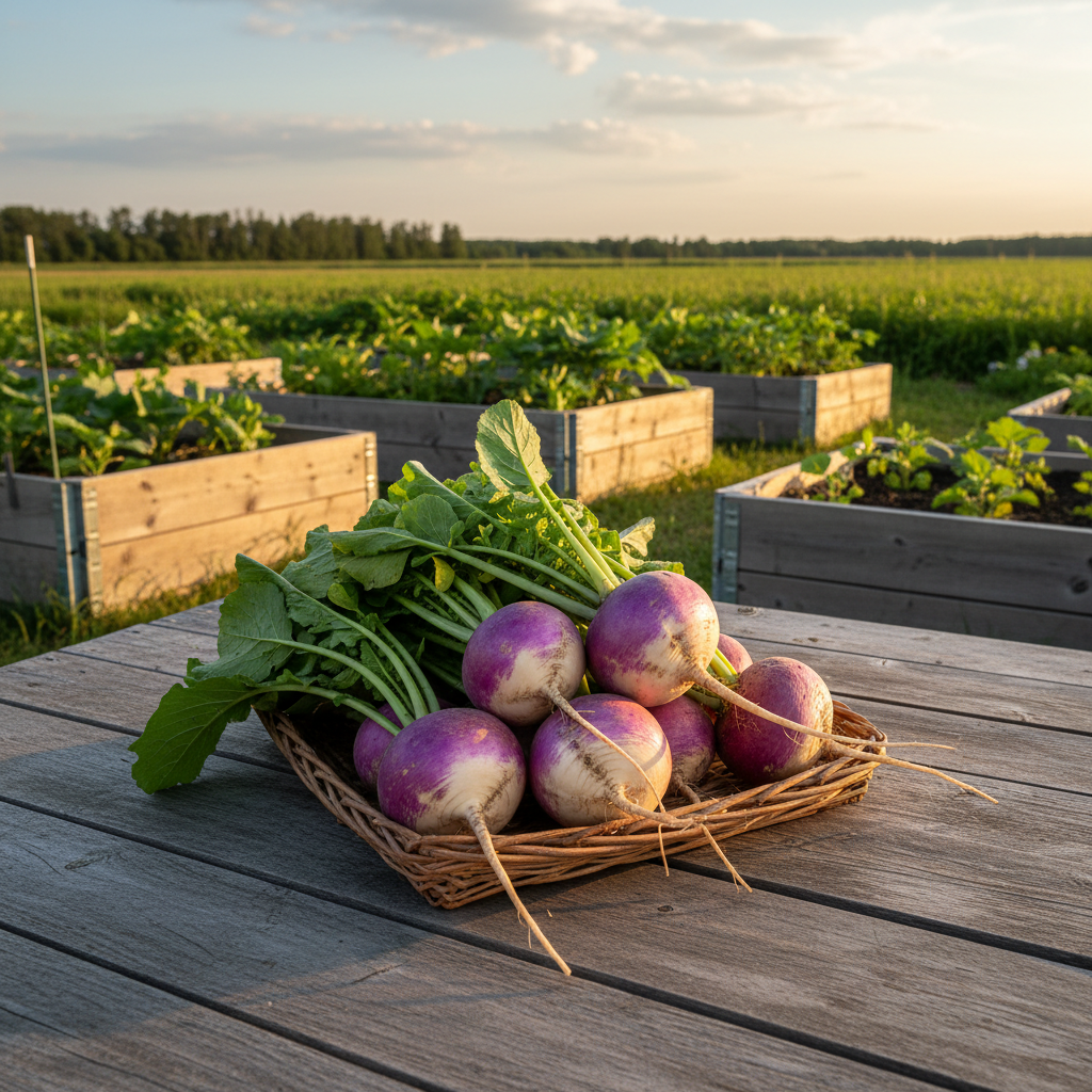 Harvested Purple Top White Globe turnips with violet shoulders and greens in a basket on a rustic farm table