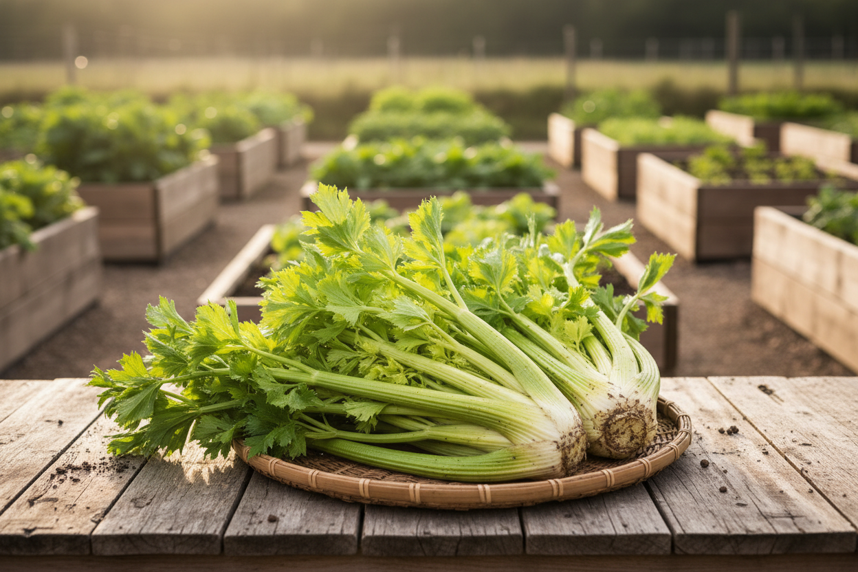 Freshly harvested Golden Self Blanching Celery in a woven basket on a rustic wood table