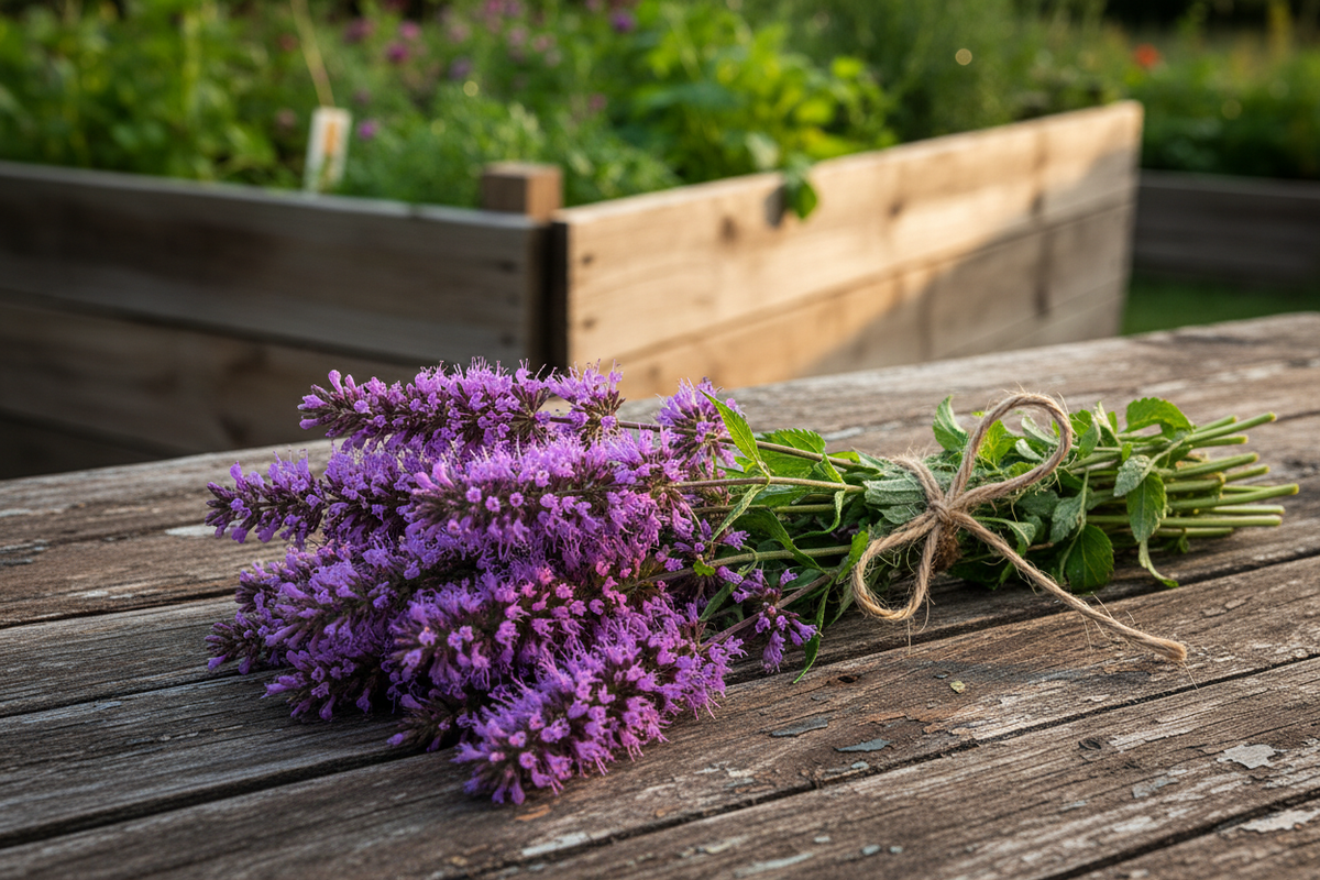 Purple anise hyssop bundle tied with twine on rustic wooden table