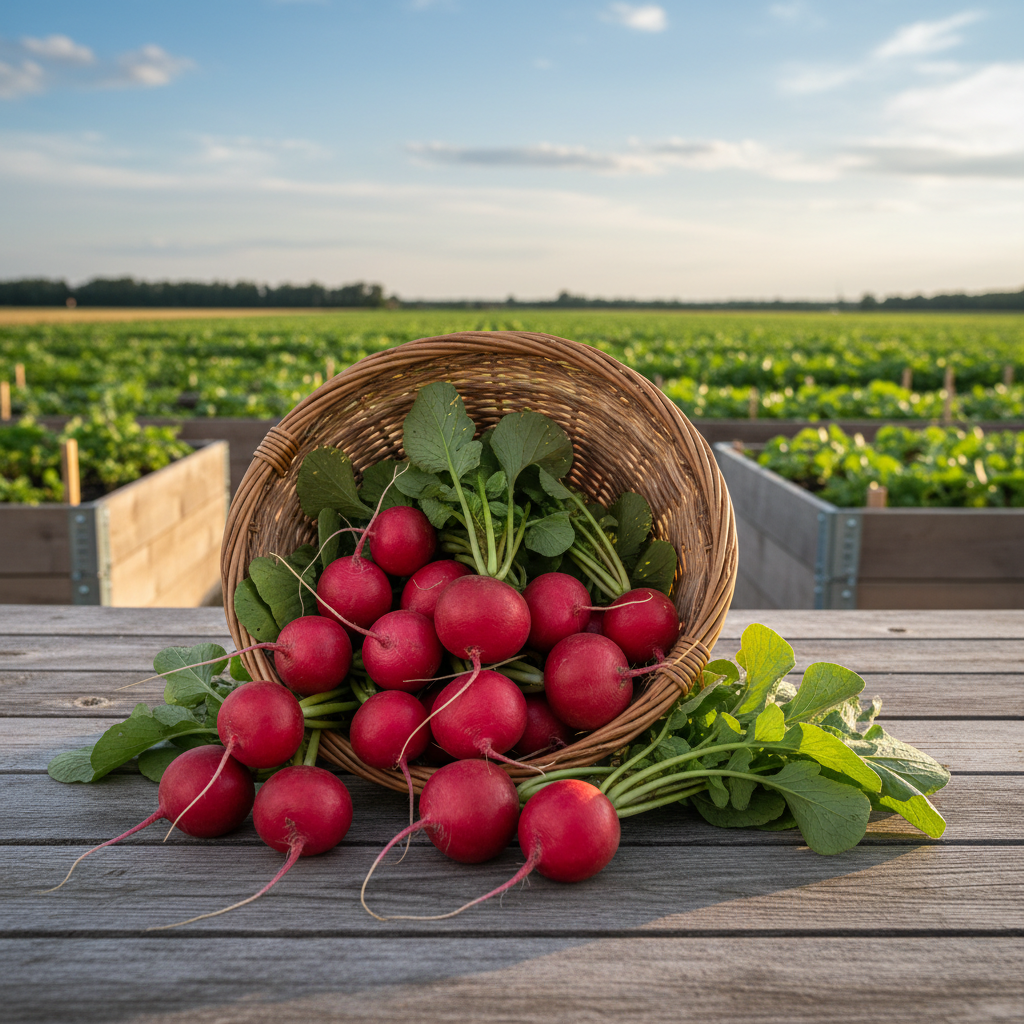 Cherry Belle red radishes with green tops in a wicker basket on a garden table