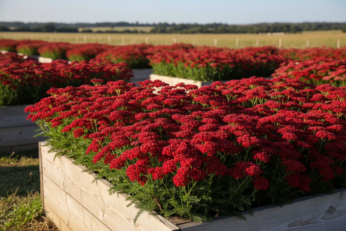 Red yarrow growing in raised bed garden with open field background