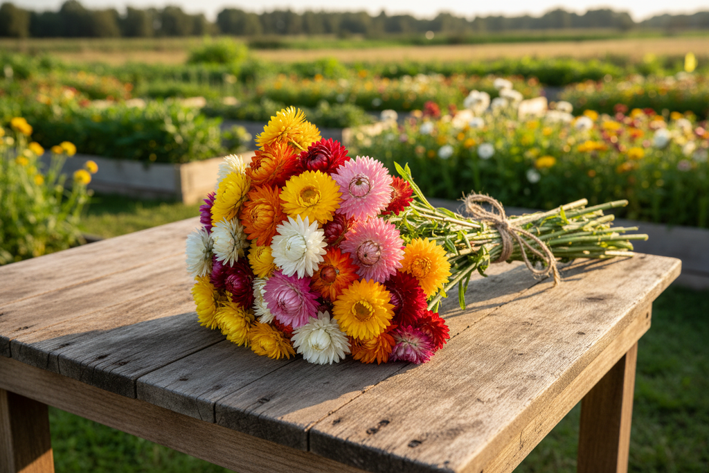 Tall Mixed Strawflower bundle tied with twine on rustic wooden table