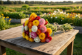 Tall Mixed Strawflower bundle tied with twine on rustic wooden table
