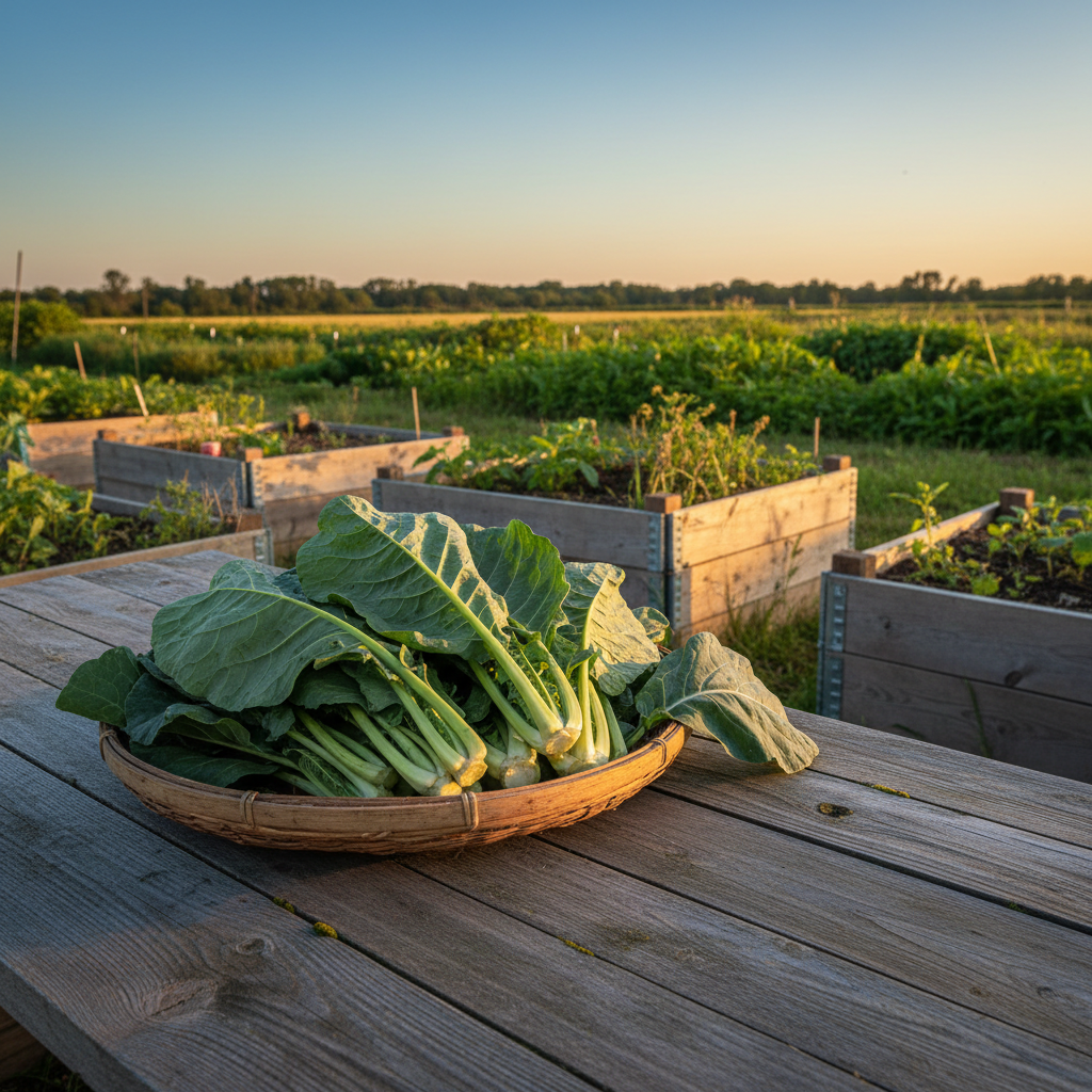 Harvested Champion collard leaves in a basket on a rustic farm table