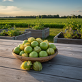 Harvested Grande Rio Verde tomatillos in green papery husks on a rustic farm table