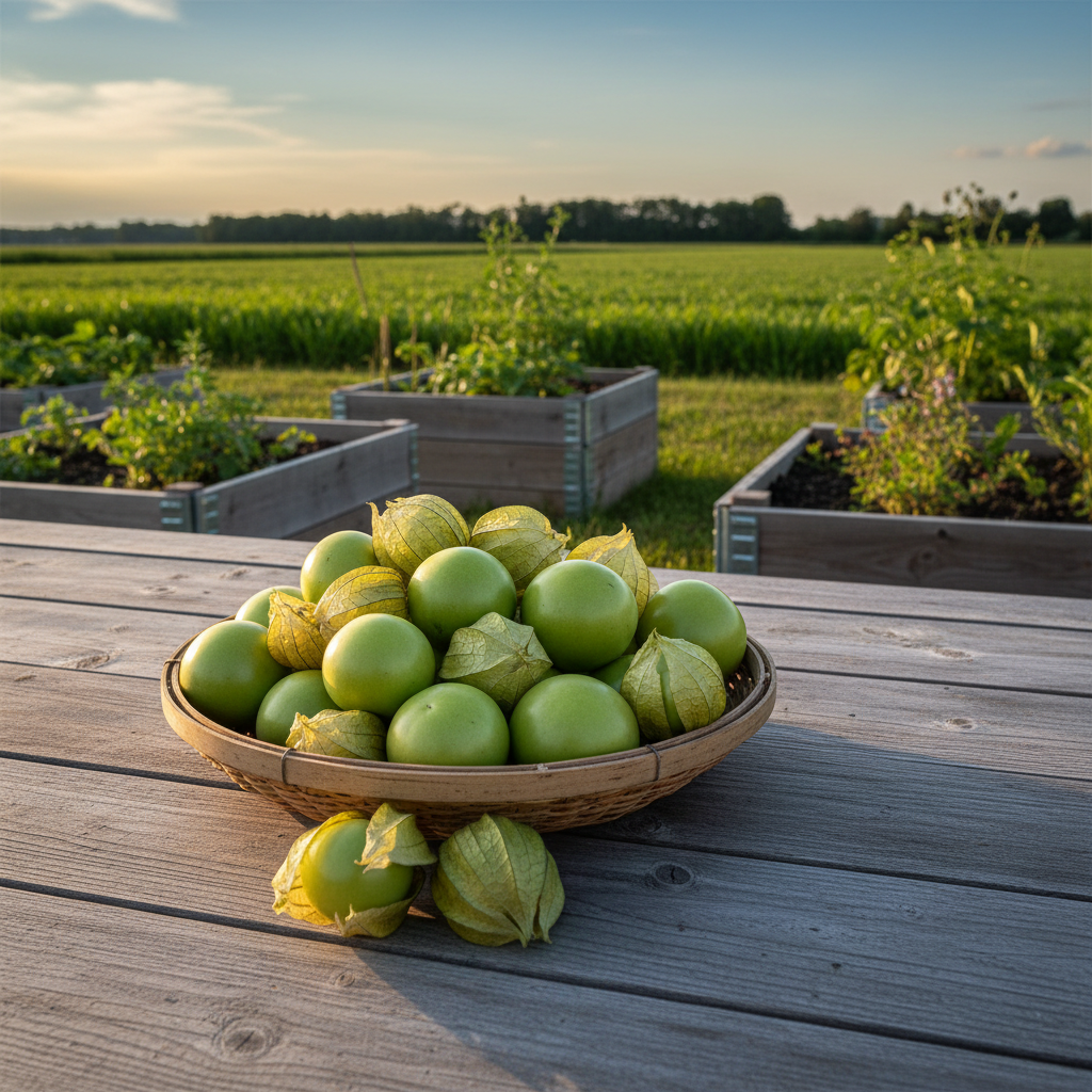 Harvested Grande Rio Verde tomatillos in green papery husks on a rustic farm table
