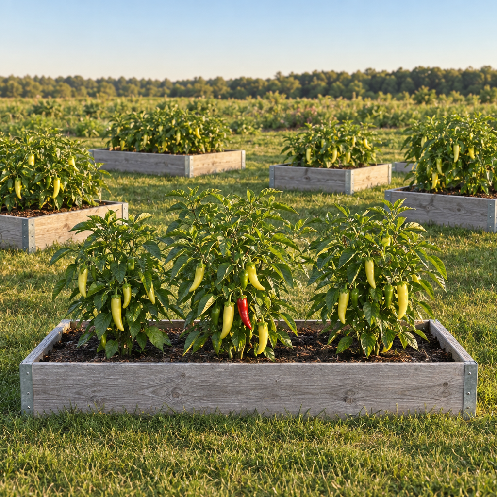Upright Sweet Banana pepper plants bearing pale-yellow fruits in a wooden raised bed