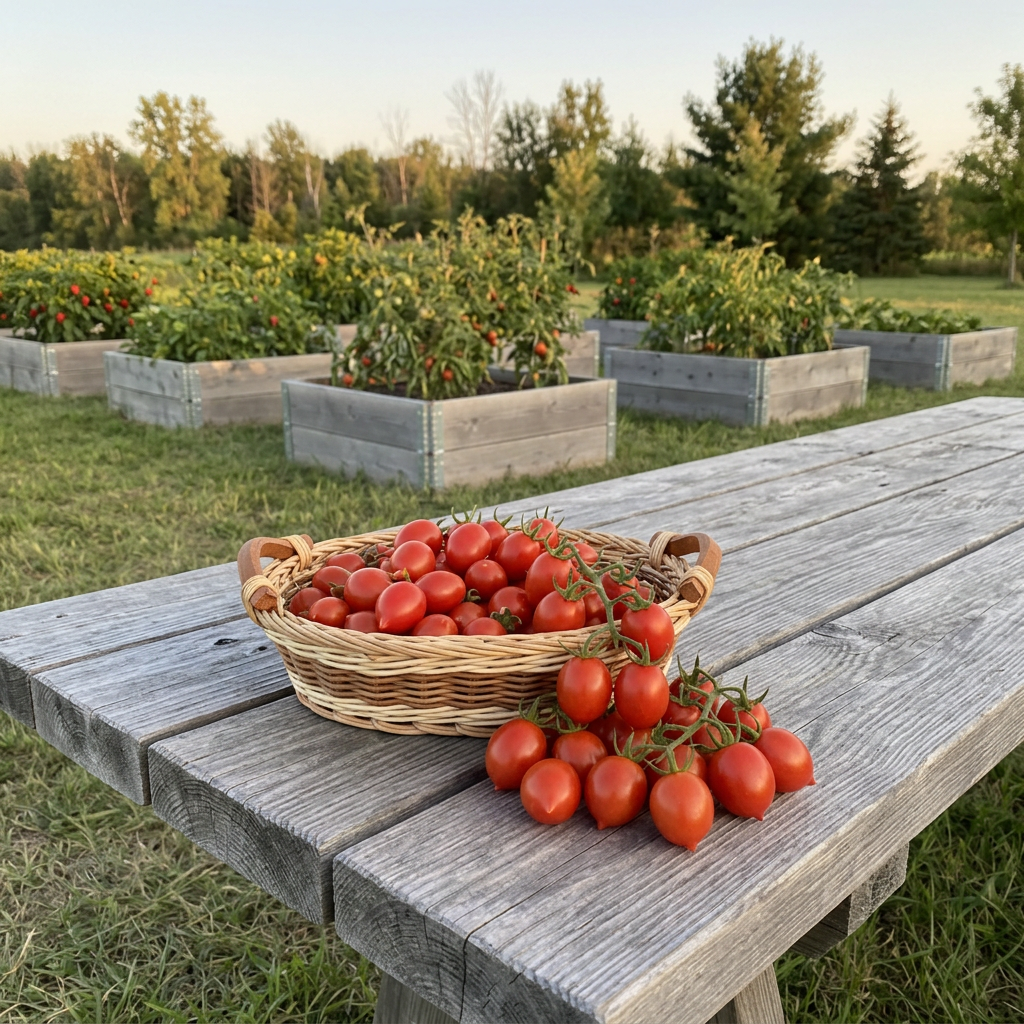 Red Riesentraube cherry tomatoes with small pointed tips in a basket on a weathered grey garden table.