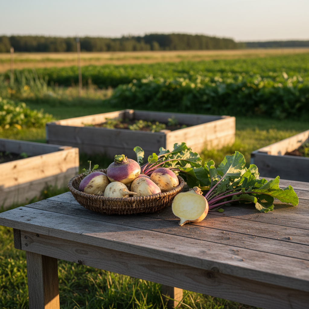 Freshly harvested Laurentian Rutabagas with cream roots, purple shoulders, green tops, and a cut root on a rustic table with raised beds and a distant treeline.